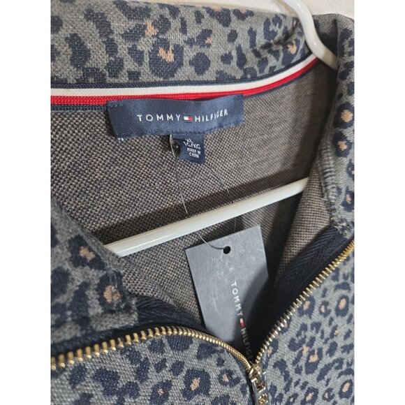 Tommy Hilfiger Gray Blue Cheetah Print Long Sleeve Sweater Dress 1/4 Zipper XL - Picture 2 of 5